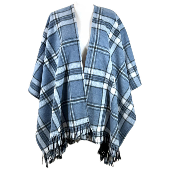 Martha Stewart Poncho One Size Blue Plaid Reversible Cape Open Front Shawl Ruana - Picture 1 of 11